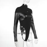 Leather Patchwork Long Sleeve Skinny Bodysuit FL-23385