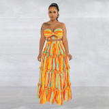 Sexy Stripe Print Wrap Chest Tops And Skirt Two Piece Set BY-6646