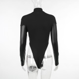 Leather Patchwork Long Sleeve Skinny Bodysuit FL-23385