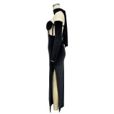 Solid Color Wrap Chest Glove Evening Dress BY-6652