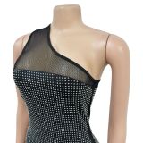 One-Shoulder Mesh Hot Drill Feather Maxi Dress BY-6666