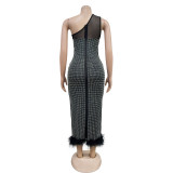 One-Shoulder Mesh Hot Drill Feather Maxi Dress BY-6666