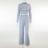 Solid Long Sleeve Crop Tops And Pants Two Piece Set FL-21290