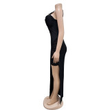 Solid Color Mesh Patchwork Hollow Out Maxi Dress BY-6653