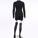 Solid Color Knits Long Sleeve Mini Dress(With Stockings) FL-23356