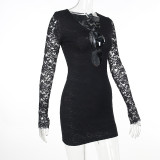 Lace Long Sleeve Hollow Out Mini Dress FL-23445