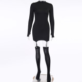 Solid Color Knits Long Sleeve Mini Dress(With Stockings) FL-23356