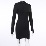 Solid Color Knits Long Sleeve Mini Dress(With Stockings) FL-23356