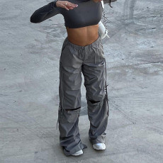 Drawstring Hole Breaking Casual Loose Wide Leg Pants FL-22031