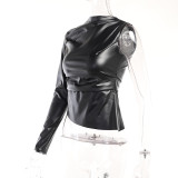 One Shoulder Long Sleeve PU Leather Skinny Top FL-23376