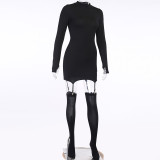 Solid Color Knits Long Sleeve Mini Dress(With Stockings) FL-23356