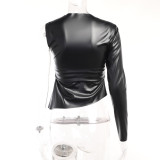 One Shoulder Long Sleeve PU Leather Skinny Top FL-23376