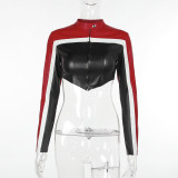 Fashion Contrast Color Short Leather Coat FL-YY23427