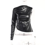One Shoulder Long Sleeve PU Leather Skinny Top FL-23376