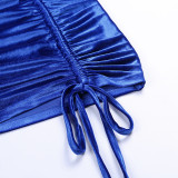 High Necked Shrink Pleated Drawstring Mini Dress FL-21551