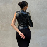 One Shoulder Long Sleeve PU Leather Skinny Top FL-23376