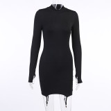 Solid Color Knits Long Sleeve Mini Dress(With Stockings) FL-23356