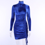 High Necked Shrink Pleated Drawstring Mini Dress FL-21551