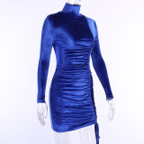 High Necked Shrink Pleated Drawstring Mini Dress FL-21551