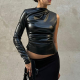 One Shoulder Long Sleeve PU Leather Skinny Top FL-23376