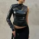 One Shoulder Long Sleeve PU Leather Skinny Top FL-23376