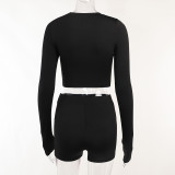 Knit Crew Neck Long Sleeve Shorts Two Piece Set FL-22411