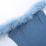 One-shoulder Furry Hem Denim Mini Dress FL-23099
