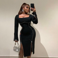 Fashion Diamond Long Sleeve Split Midi Dress  FL-YY23445MH