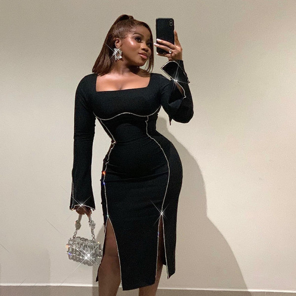 Fashion Diamond Long Sleeve Split Midi Dress  FL-YY23445MH
