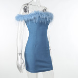 One-shoulder Furry Hem Denim Mini Dress FL-23099