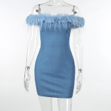 One-shoulder Furry Hem Denim Mini Dress FL-23099