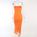 Solid Color Lace Sling Midi Dress FL-23424