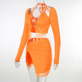 Lace Long Sleeve Crop Tops And Split Skirt 2 Piece Set FL-23447