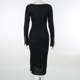 Fashion Diamond Long Sleeve Split Midi Dress  FL-YY23445MH