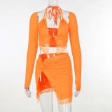 Lace Long Sleeve Crop Tops And Split Skirt 2 Piece Set FL-23447