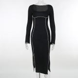 Fashion Diamond Long Sleeve Split Midi Dress  FL-YY23445MH