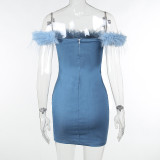 One-shoulder Furry Hem Denim Mini Dress FL-23099