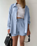 Long Sleeve Lapel Shirt Drawstring Shorts Two Piece Set GOFY-TZ2351