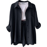 Long Sleeve Lapel Shirt Drawstring Shorts Two Piece Set GOFY-TZ2351