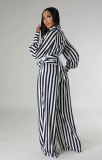 Stripe Print Tie Up Long Sleeve Pants Two Piece Set XHXF-8678