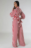 Stripe Print Tie Up Long Sleeve Pants Two Piece Set XHXF-8678