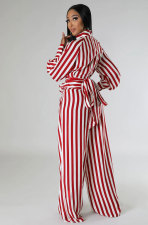 Stripe Print Tie Up Long Sleeve Pants Two Piece Set XHXF-8678