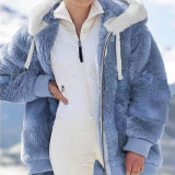 Plus Size Fashion Loose Plush Zipper Hooded Coat GOFY-9910