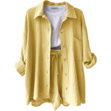 Long Sleeve Lapel Shirt Drawstring Shorts Two Piece Set GOFY-TZ2351