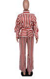 Stripe Print Tie Up Long Sleeve Pants Two Piece Set XHXF-8678