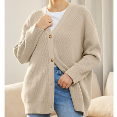 Plus Size Button V-Neck Solid Color Sweater GOFY-A23A088