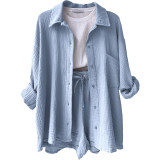 Long Sleeve Lapel Shirt Drawstring Shorts Two Piece Set GOFY-TZ2351