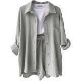 Long Sleeve Lapel Shirt Drawstring Shorts Two Piece Set GOFY-TZ2351