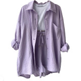 Long Sleeve Lapel Shirt Drawstring Shorts Two Piece Set GOFY-TZ2351