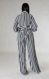 Stripe Print Tie Up Long Sleeve Pants Two Piece Set XHXF-8678